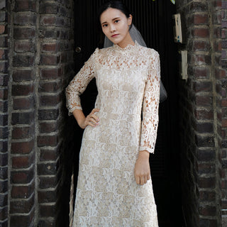 Intricate Lace Midi Length Long Sleeve Wedding Dress with Mock Neckline - Rosymae