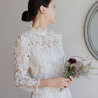 Intricate Lace Midi Length Long Sleeve Wedding Dress with Mock Neckline - Rosymae