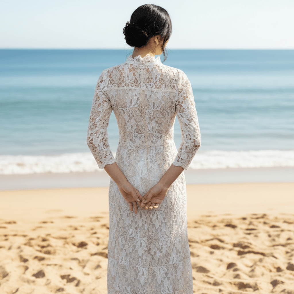 Intricate Lace Midi Length Long Sleeve Wedding Dress with Mock Neckline - Rosymae