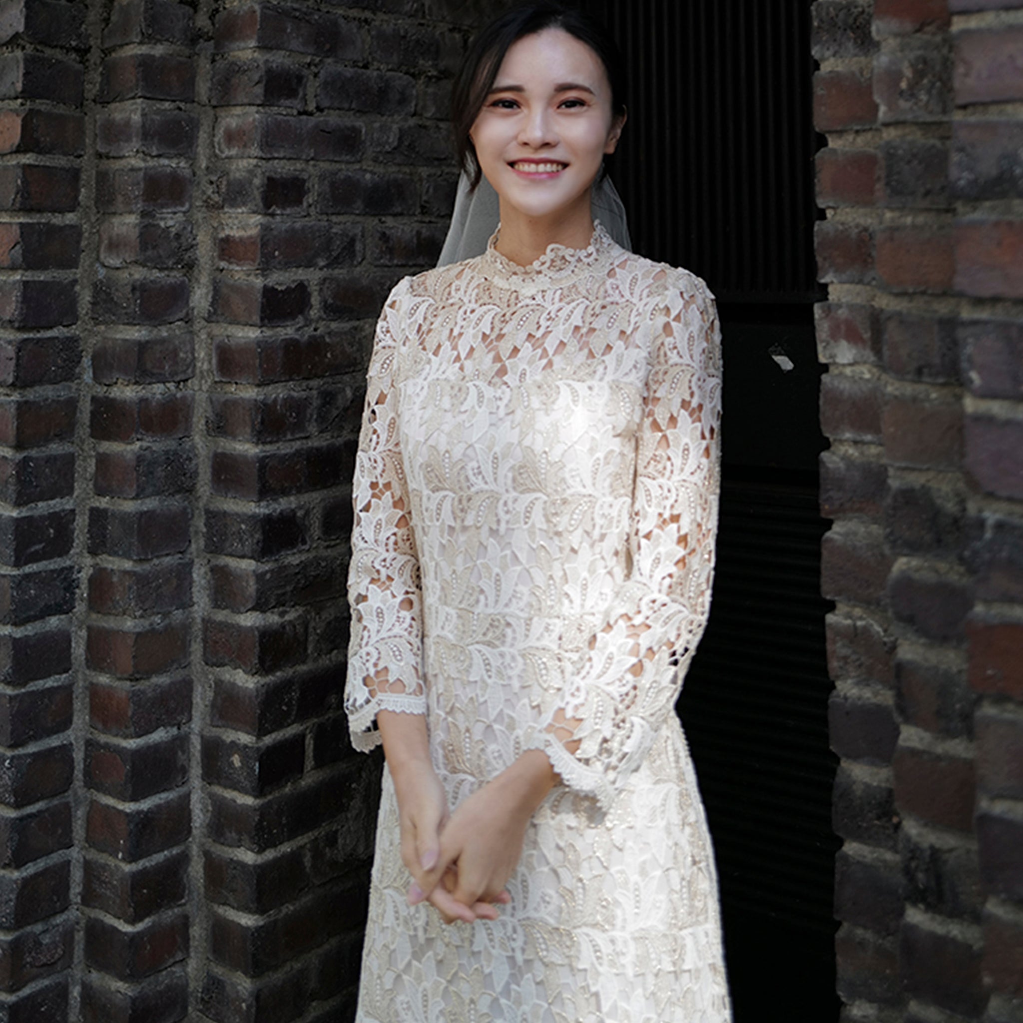Intricate Lace Midi Length Long Sleeve Wedding Dress with Mock Neckline - Rosymae
