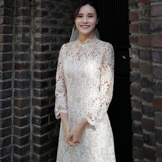 Intricate Lace Midi Length Long Sleeve Wedding Dress with Mock Neckline - Rosymae