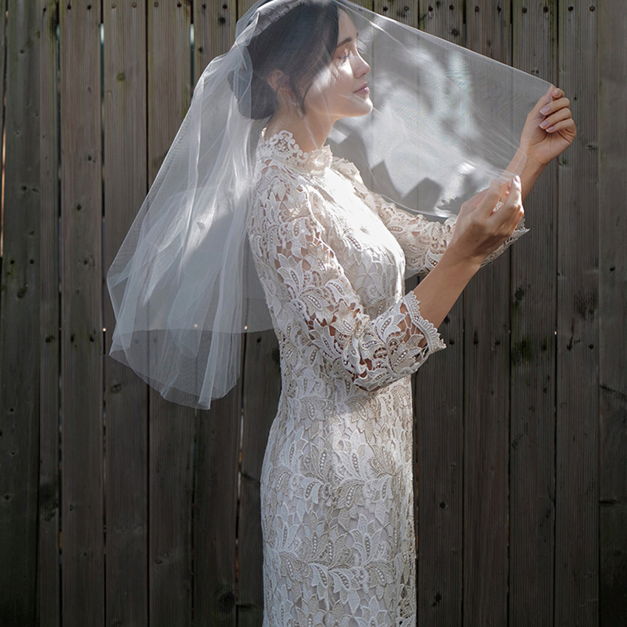 Intricate Lace Midi Length Long Sleeve Wedding Dress with Mock Neckline - Rosymae