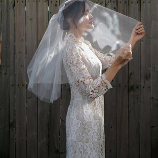 Intricate Lace Midi Length Long Sleeve Wedding Dress with Mock Neckline - Rosymae