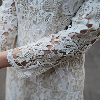 Intricate Lace Midi Length Long Sleeve Wedding Dress with Mock Neckline - Rosymae