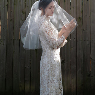 Intricate Lace Midi Length Long Sleeve Wedding Dress with Mock Neckline - Rosymae
