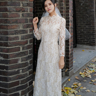 Intricate Lace Midi Length Long Sleeve Wedding Dress with Mock Neckline - Rosymae