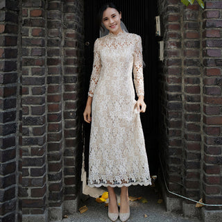 Intricate Lace Midi Length Long Sleeve Wedding Dress with Mock Neckline - Rosymae