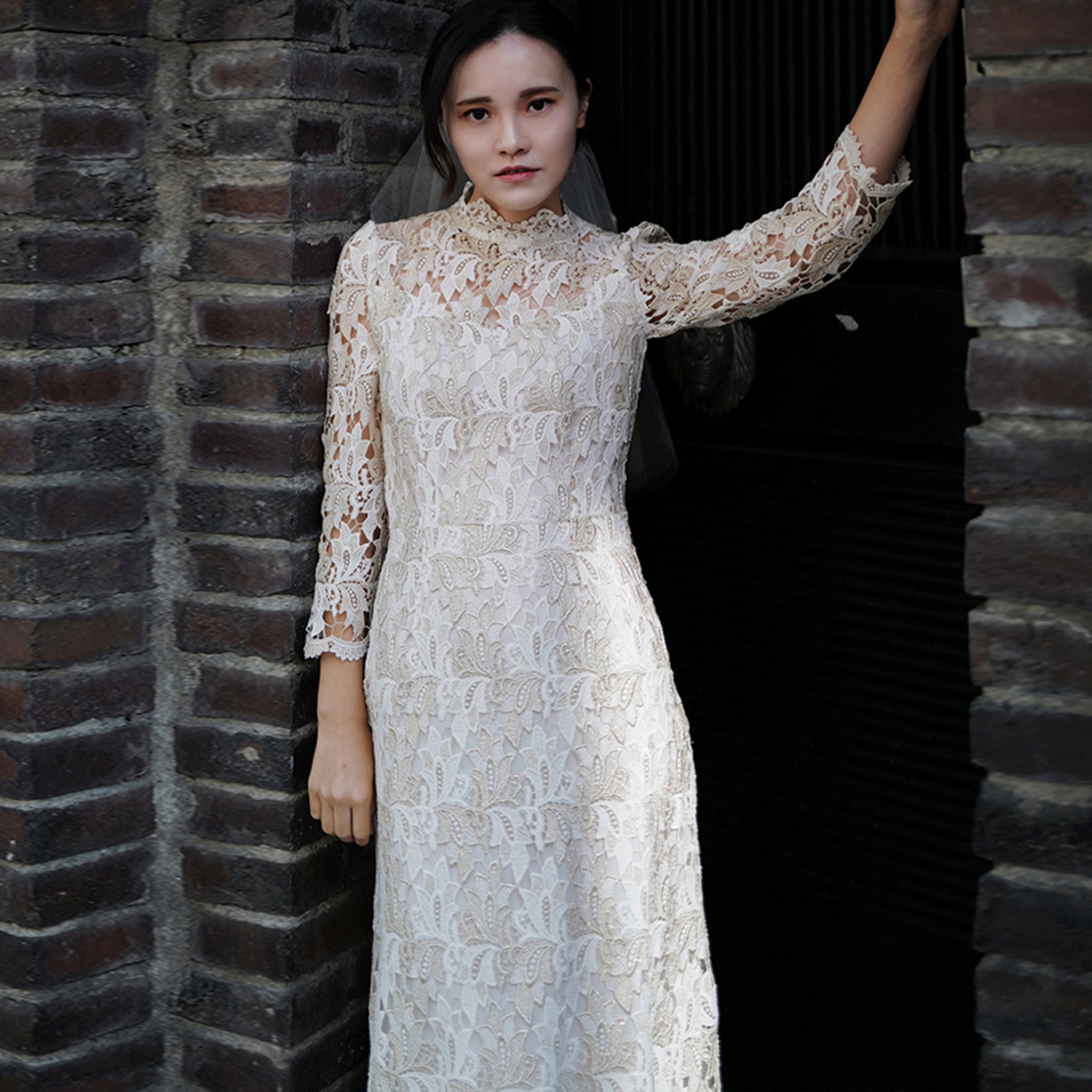 Intricate Lace Midi Length Long Sleeve Wedding Dress with Mock Neckline - Rosymae