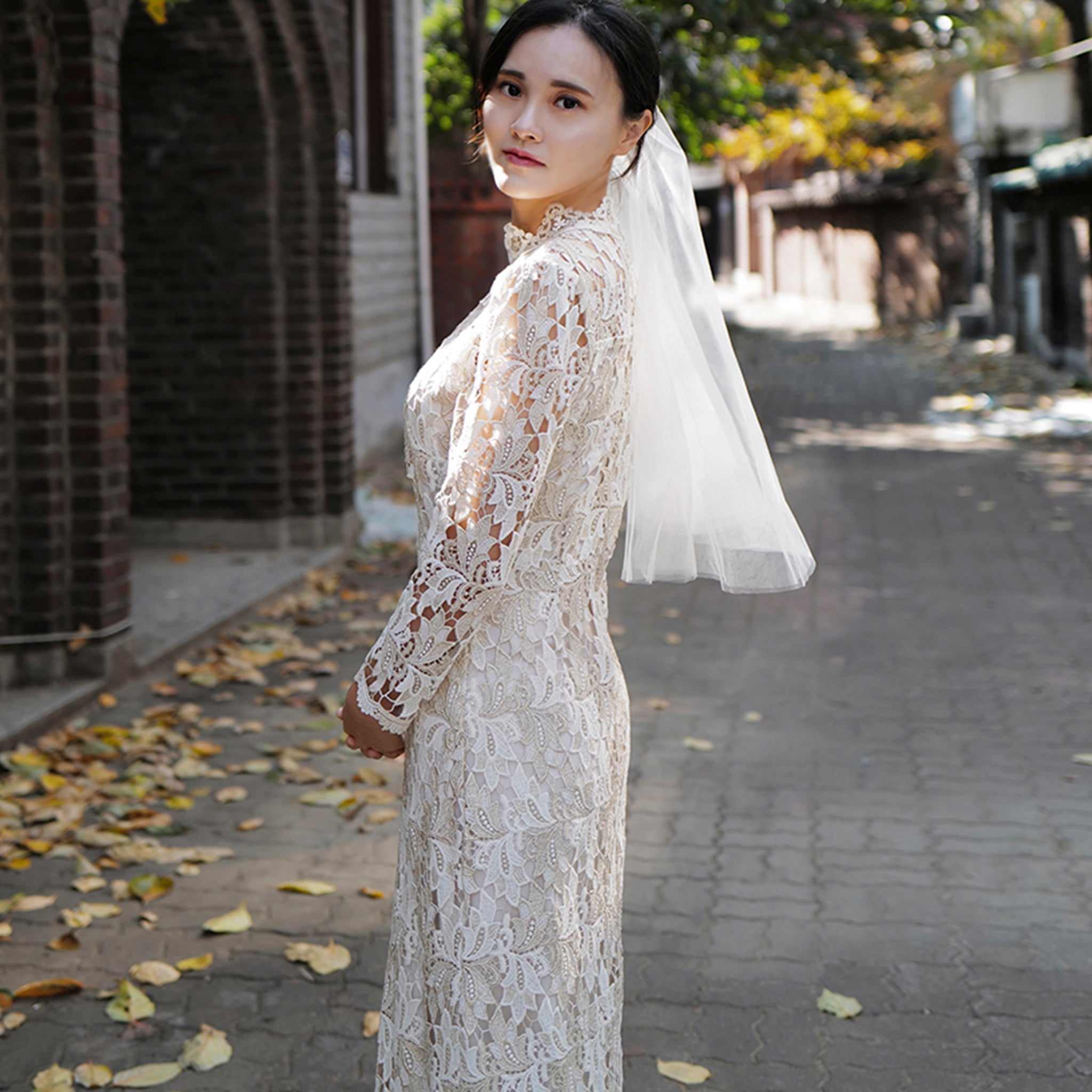 Intricate Lace Midi Length Long Sleeve Wedding Dress with Mock Neckline - Rosymae