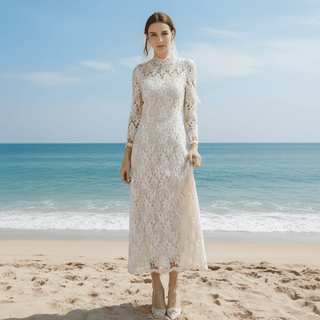 Intricate Lace Midi Length Long Sleeve Wedding Dress with Mock Neckline - Rosymae