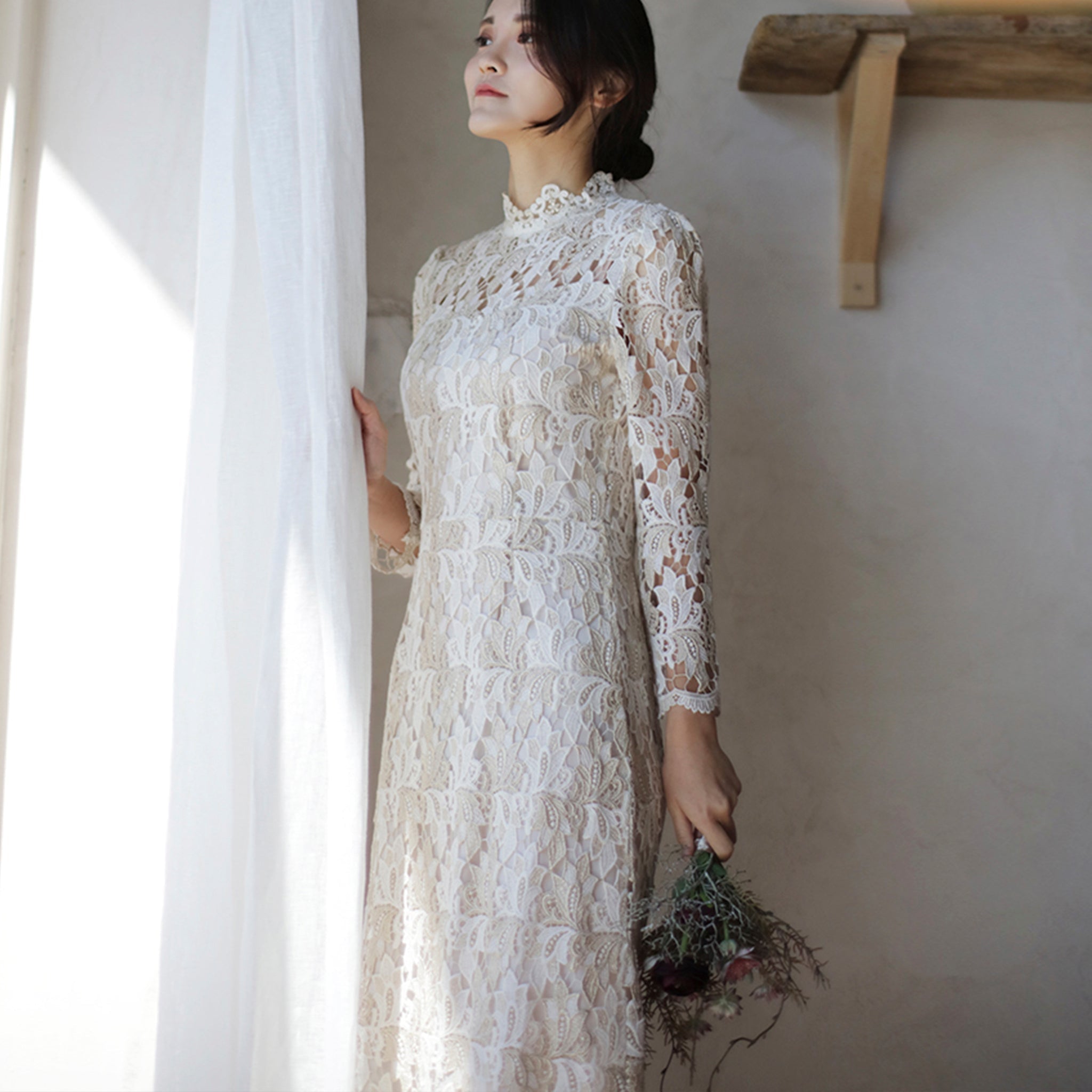 Intricate Lace Midi Length Long Sleeve Wedding Dress with Mock Neckline - Rosymae
