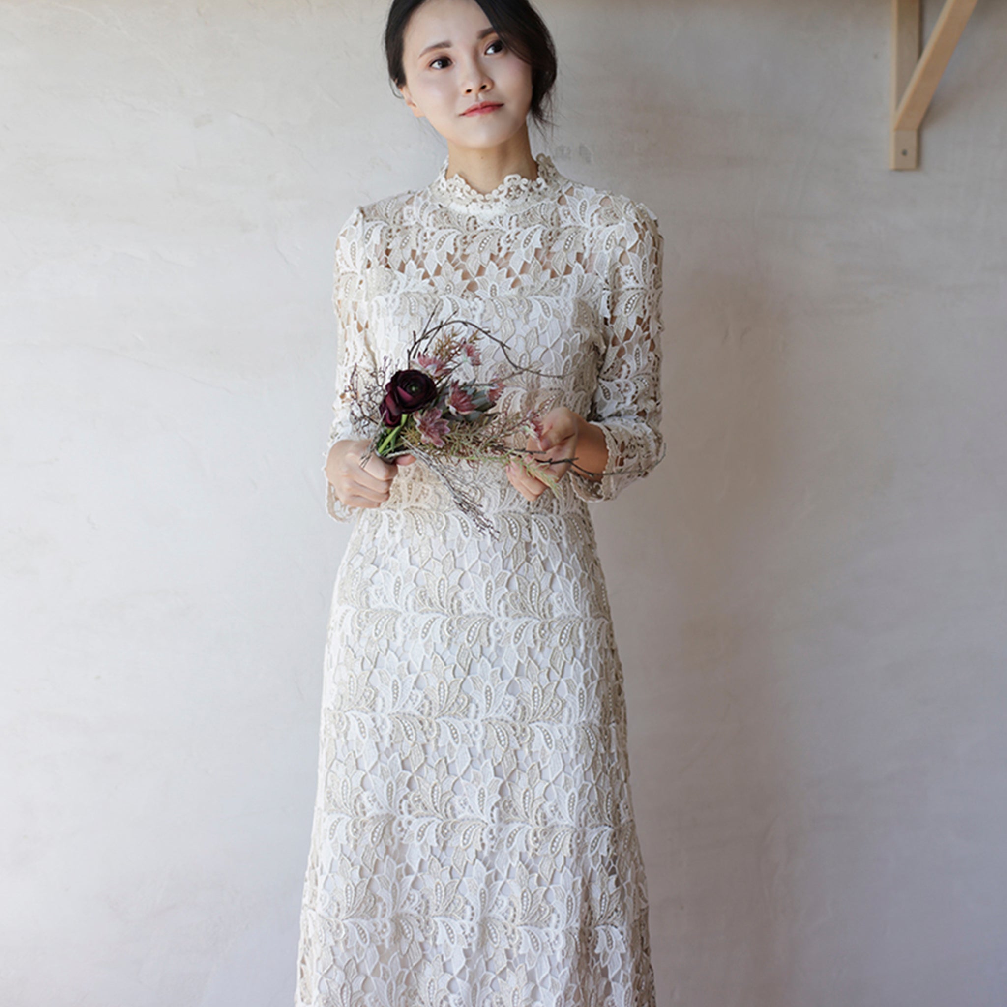 Intricate Lace Midi Length Long Sleeve Wedding Dress with Mock Neckline - Rosymae