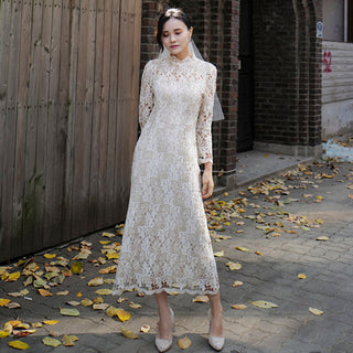 Intricate Lace Midi Length Long Sleeve Wedding Dress with Mock Neckline - Rosymae