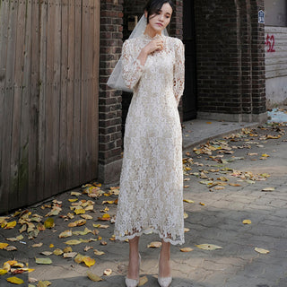 Intricate Lace Midi Length Long Sleeve Wedding Dress with Mock Neckline - Rosymae