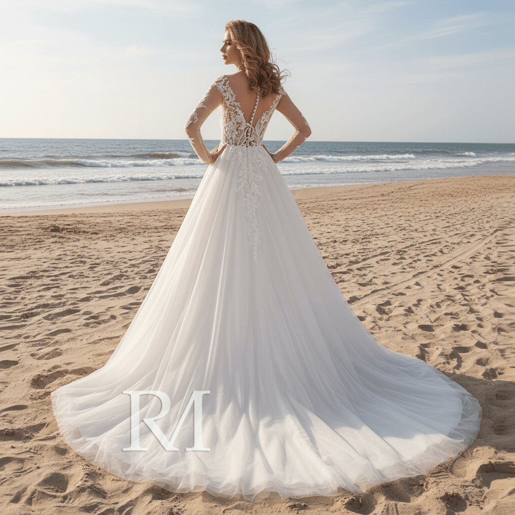 Ivory A-line Long Sleeve Tulle Wedding Dress Sheer Bodice - Rosymae