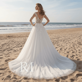 Ivory A-line Long Sleeve Tulle Wedding Dress Sheer Bodice - Rosymae