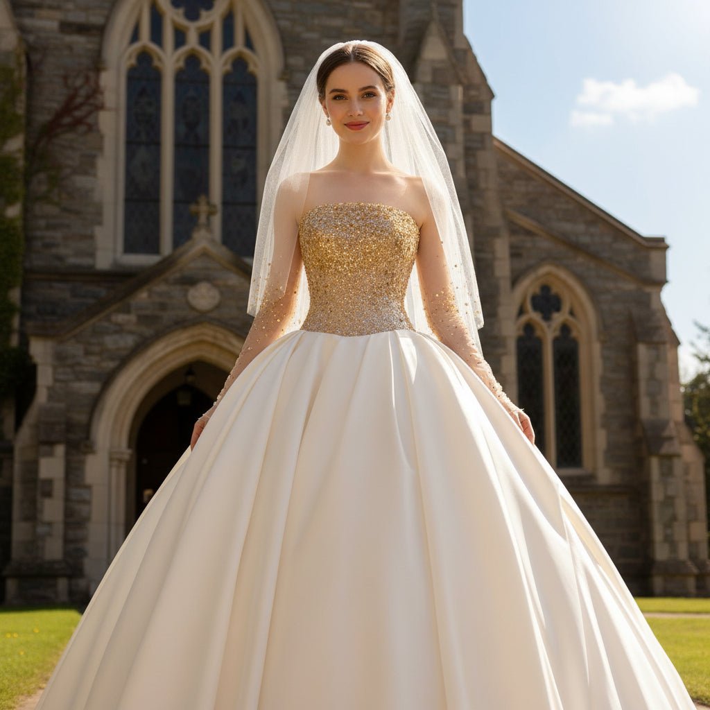 Ivory and Gold Ball Gown Wedding Dress with Straight Neckline - Rosymae