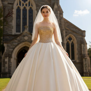 Ivory and Gold Ball Gown Wedding Dress with Straight Neckline - Rosymae