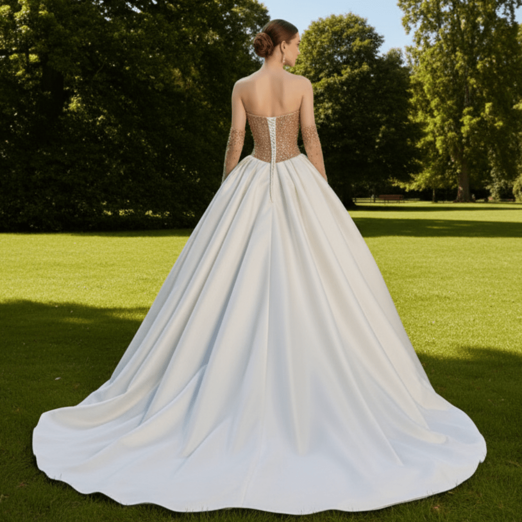 Ivory and Gold Ball Gown Wedding Dress with Straight Neckline - Rosymae