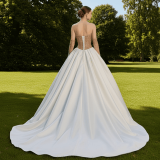 Ivory and Gold Ball Gown Wedding Dress with Straight Neckline - Rosymae
