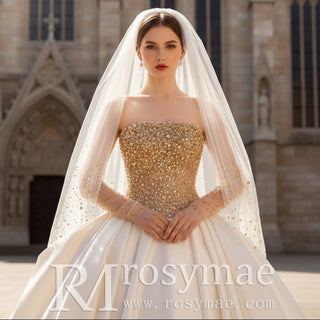 Ivory and Gold Ball Gown Wedding Dress with Straight Neckline - Rosymae