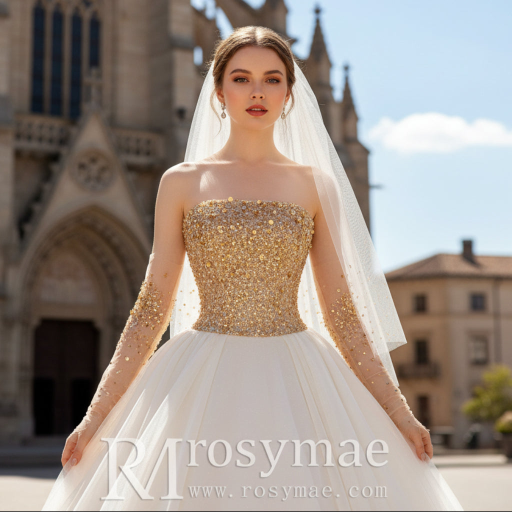 Ivory and Gold Ball Gown Wedding Dress with Straight Neckline Rosymae Ivory and Gold Ball Gown Wedding Dress with Straight Neckline Rosymae