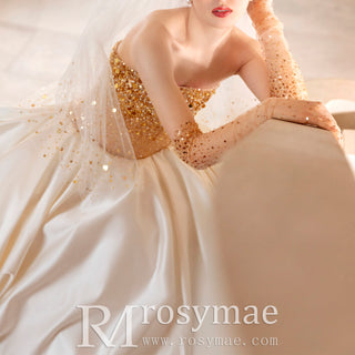 Ivory and Gold Ball Gown Wedding Dress with Straight Neckline