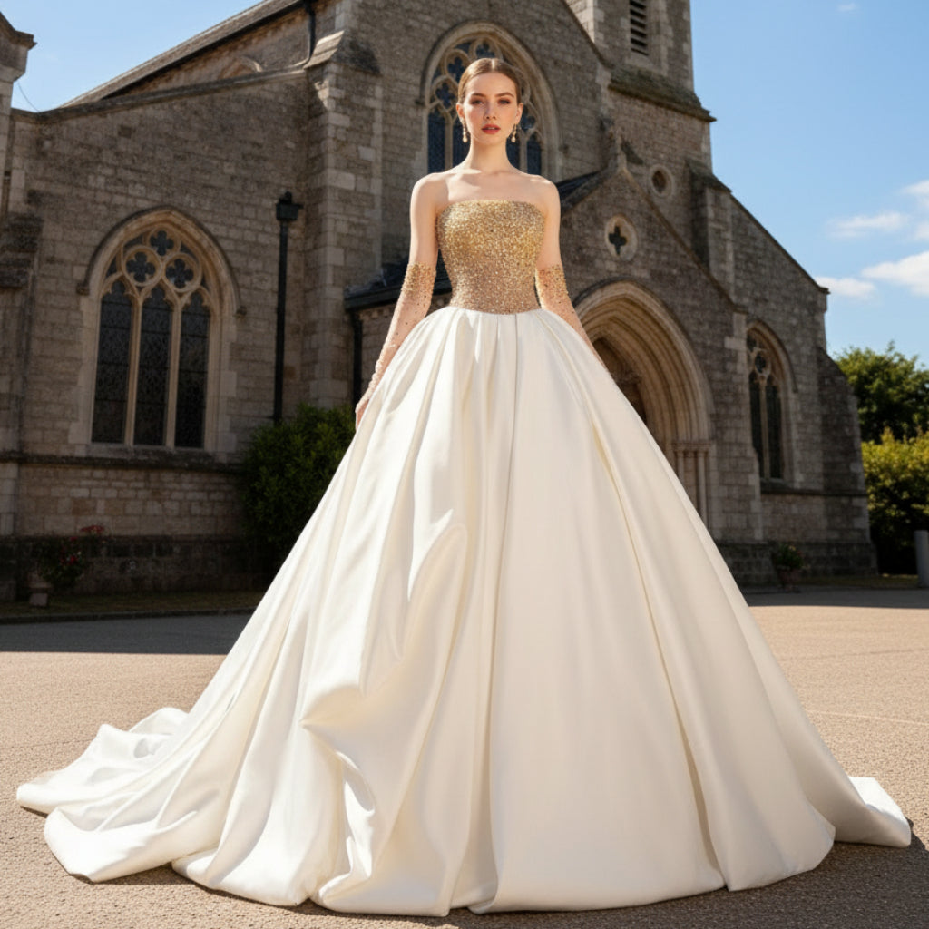 Ivory and Gold Ball Gown Wedding Dress with Straight Neckline Rosymae Ivory and Gold Ball Gown Wedding Dress with Straight Neckline Rosymae