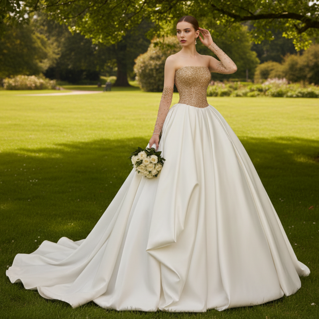 Ivory and Gold Ball Gown Wedding Dress with Straight Neckline Rosymae Ivory and Gold Ball Gown Wedding Dress with Straight Neckline Rosymae