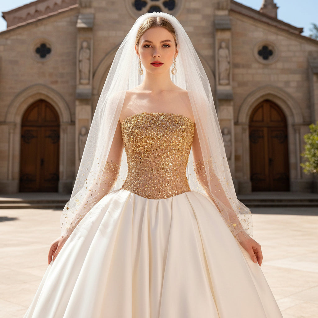 Ivory and Gold Ball Gown Wedding Dress with Straight Neckline Rosymae Ivory and Gold Ball Gown Wedding Dress with Straight Neckline Rosymae