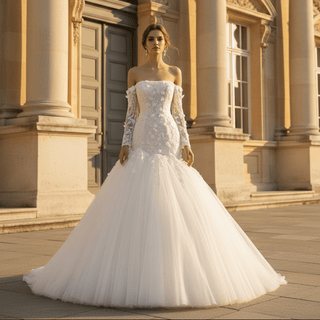 Ivory Off-the-Shoulder Long Sleeve 3D Floral Lace Mermaid Wedding Dress