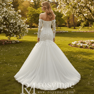 Ivory Off-the-Shoulder Long Sleeve 3D Floral Lace Mermaid Wedding Dress