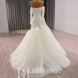 Ivory Off-the-Shoulder Long Sleeve 3D Floral Lace Mermaid Wedding Dress