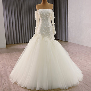 Ivory Off-the-Shoulder Long Sleeve 3D Floral Lace Mermaid Wedding Dress