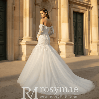 Ivory Off-the-Shoulder Long Sleeve 3D Floral Lace Mermaid Wedding Dress