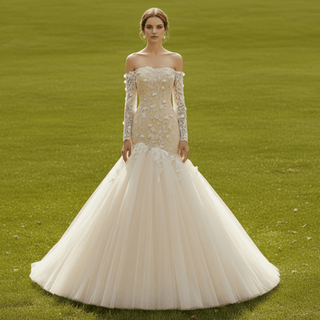 Ivory Off-the-Shoulder Long Sleeve 3D Floral Lace Mermaid Wedding Dress