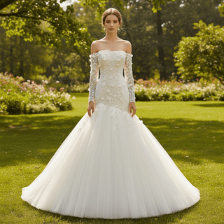 Ivory Off-the-Shoulder Long Sleeve 3D Floral Lace Mermaid Wedding Dress