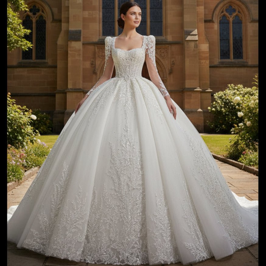 Keyhole Back Ball Gown Square Neck Wedding Dresses with Long Sleeve - Rosymae