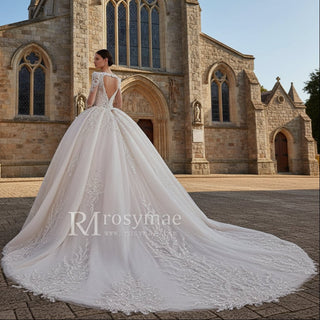 Keyhole Back Ball Gown Square Neck Wedding Dresses with Long Sleeve - Rosymae