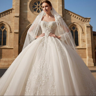 Keyhole Back Ball Gown Square Neck Wedding Dresses with Long Sleeve - Rosymae