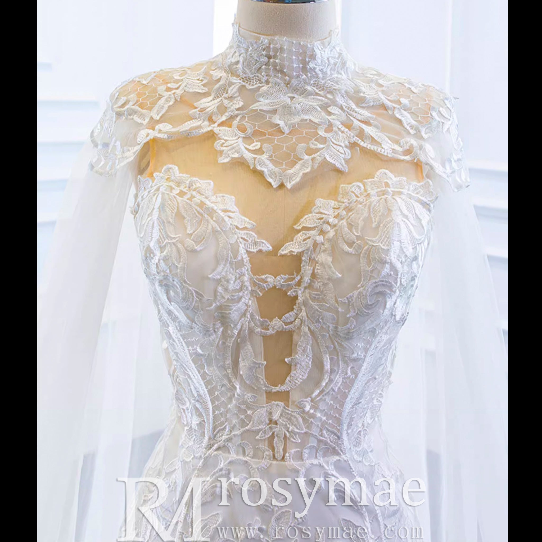 Keyhole Back Cape Wedding Dress Sheer Scoop Mermaid Bridal Gown - Rosymae