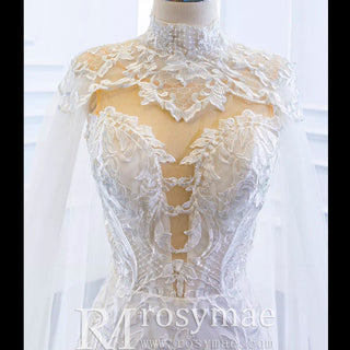 Keyhole Back Cape Wedding Dress Sheer Scoop Mermaid Bridal Gown - Rosymae