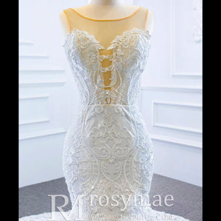 Keyhole Back Cape Wedding Dress Sheer Scoop Mermaid Bridal Gown - Rosymae