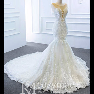 Keyhole Back Cape Wedding Dress Sheer Scoop Mermaid Bridal Gown - Rosymae