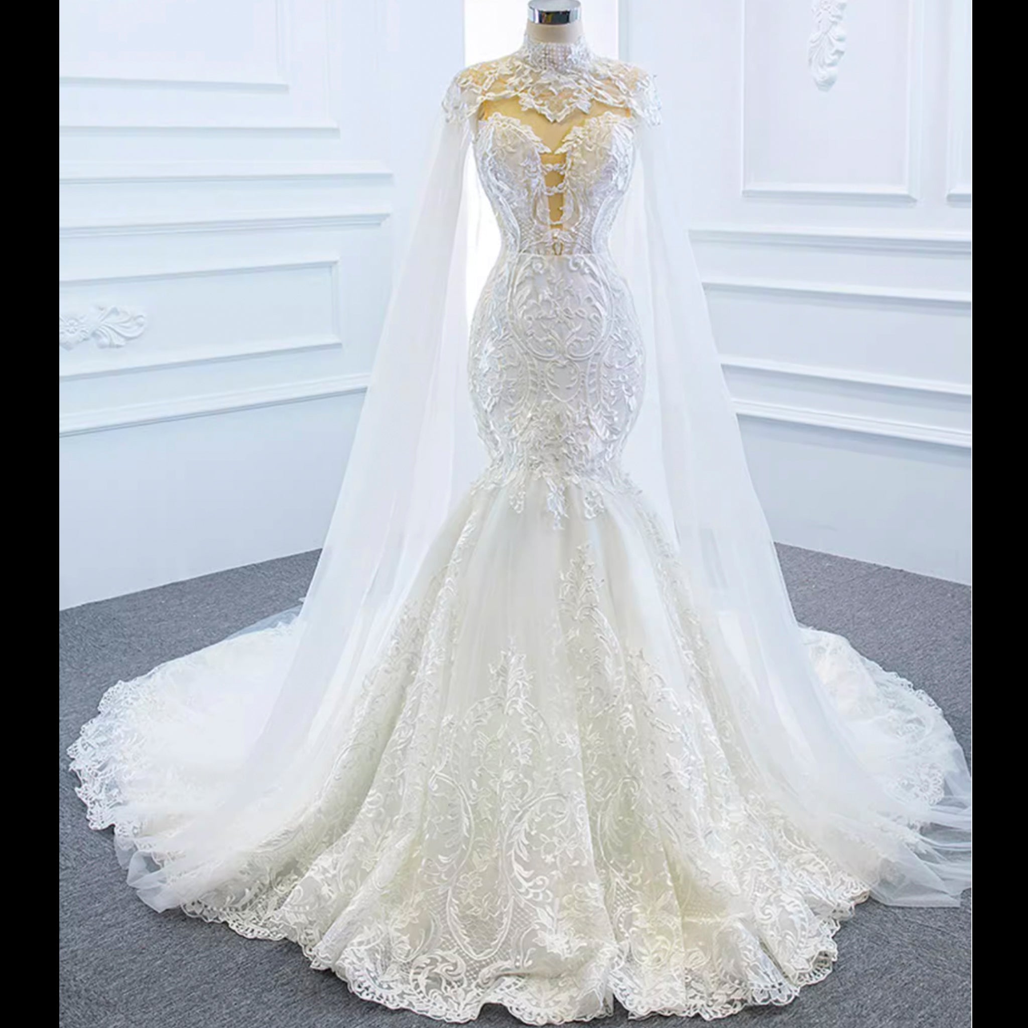 Keyhole Back Cape Wedding Dress Sheer Scoop Mermaid Bridal Gown - Rosymae