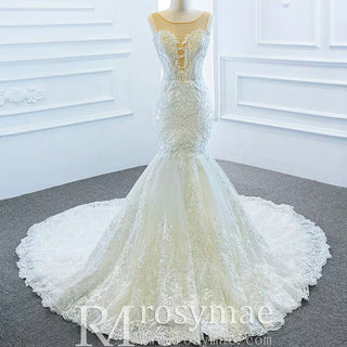 Keyhole Back Cape Wedding Dress Sheer Scoop Mermaid Bridal Gown - Rosymae