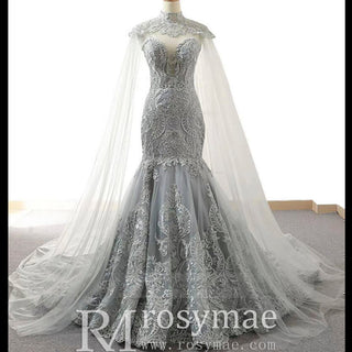 Keyhole Back Cape Wedding Dress Sheer Scoop Mermaid Bridal Gown - Rosymae