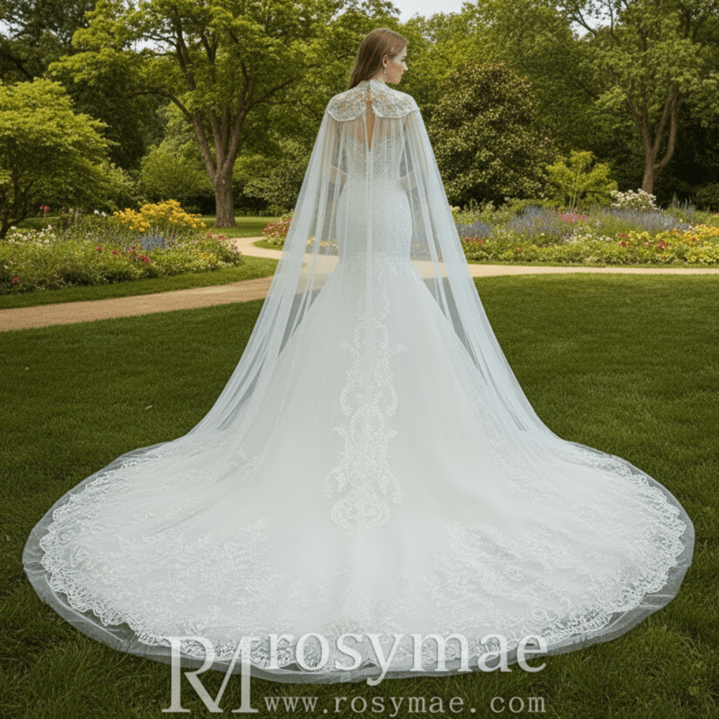 Keyhole Back Cape Wedding Dress Sheer Scoop Mermaid Bridal Gown - Rosymae