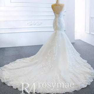 Keyhole Back Cape Wedding Dress Sheer Scoop Mermaid Bridal Gown - Rosymae