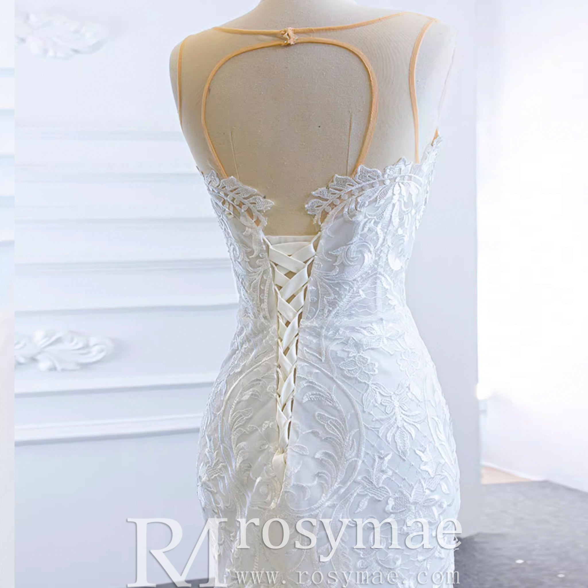 Keyhole Back Cape Wedding Dress Sheer Scoop Mermaid Bridal Gown - Rosymae